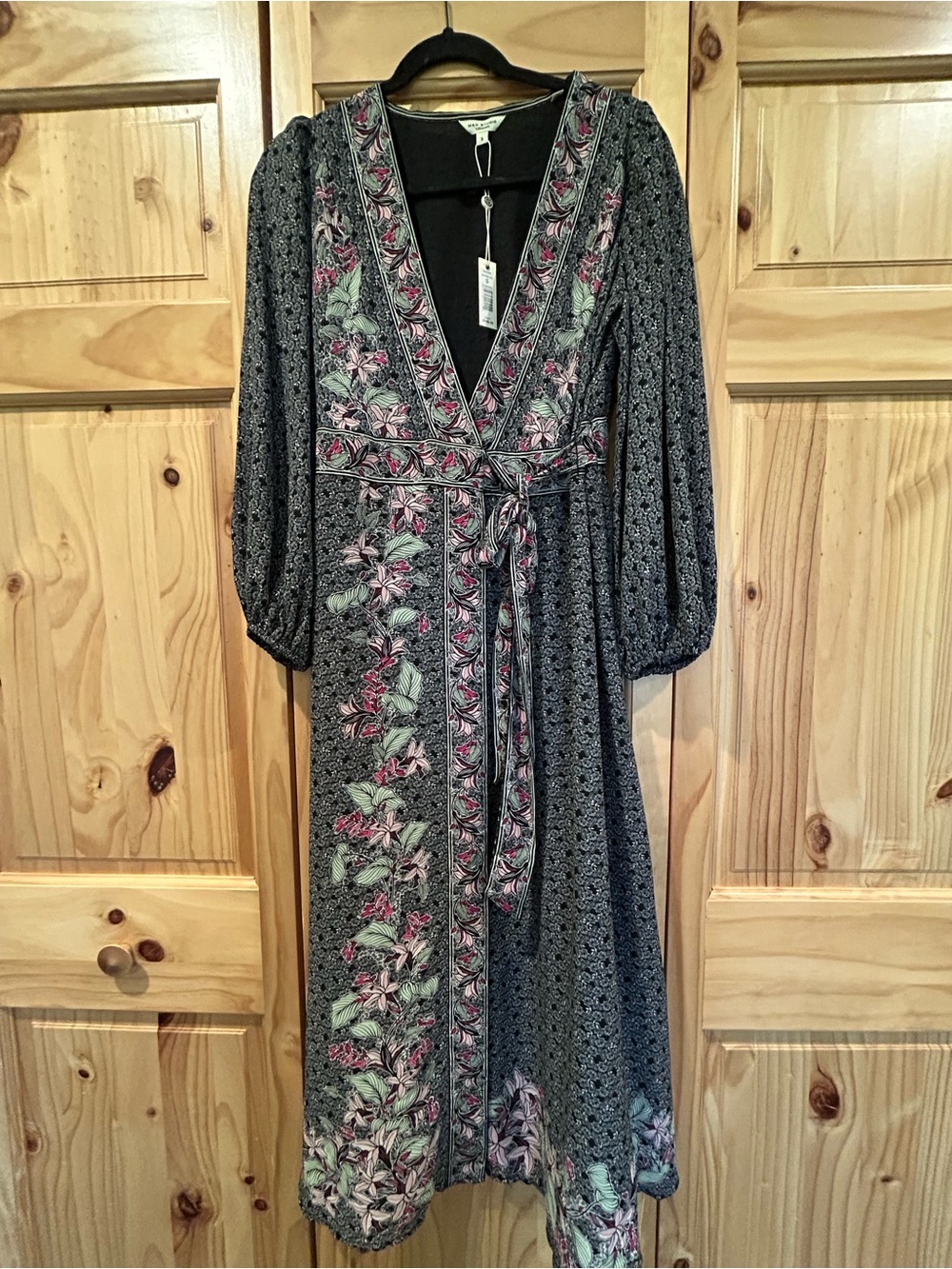 Max Studio Black Midi Wrap Dress with Pink & Light Green Floral Trim